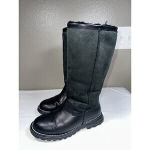 UGG Brooks Tall Black Leather Sheepskin Shearling Boots Lug Sole Women’s 6